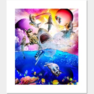 Rainbow Galaxy Cat Riding Shark In Space Posters and Art